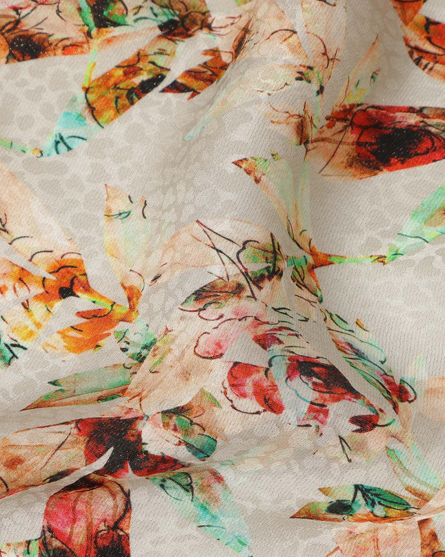 Off White Abstract Bird Printed Viscose Crepe Fabric Multicolor Artistic Nature Design Soft Flowing Dress Material 110 Cms Width India-D28024