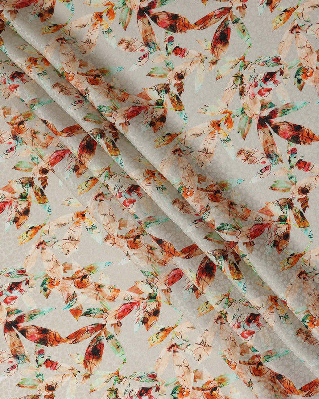 Off White Abstract Bird Printed Viscose Crepe Fabric Multicolor Artistic Nature Design Soft Flowing Dress Material 110 Cms Width India-D28024