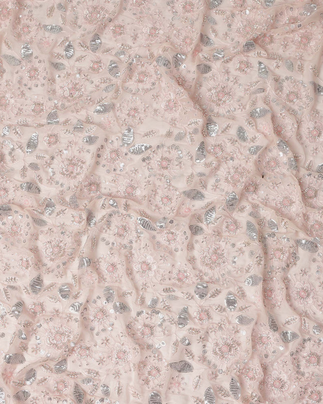 Baby Pink Floral Bead & Sequin Embroidered Premium Pure Silk Chiffon Fabric 110 Cms Width South Korea-D28207