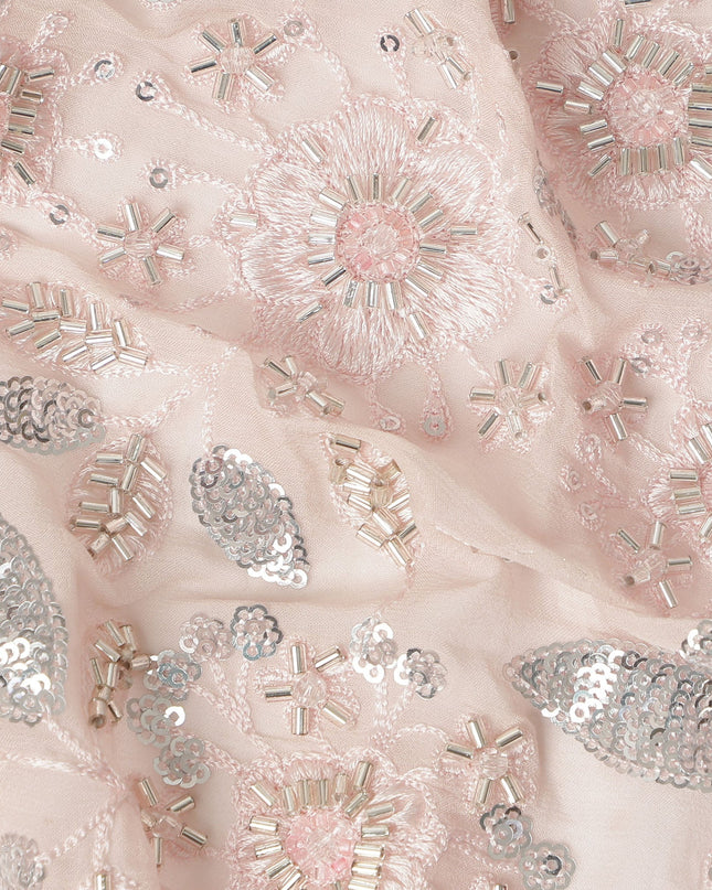 Baby Pink Floral Bead & Sequin Embroidered Premium Pure Silk Chiffon Fabric 110 Cms Width South Korea-D28207