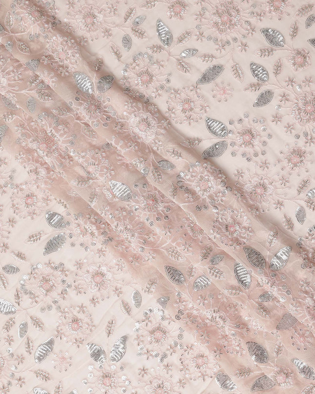 Baby Pink Floral Bead & Sequin Embroidered Premium Pure Silk Chiffon Fabric 110 Cms Width South Korea-D28207