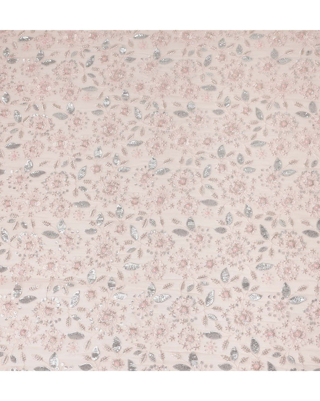 Baby Pink Floral Bead & Sequin Embroidered Premium Pure Silk Chiffon Fabric 110 Cms Width South Korea-D28207
