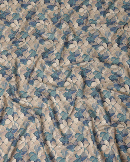 Beige Blue Floral Print Cotton Lawn Fabric 110 Cms Made In India-D27397 Regal Fabrics
