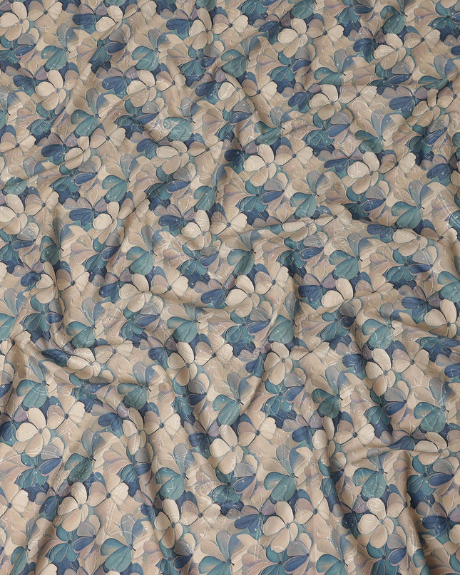 Beige Blue Floral Print Cotton Lawn Fabric 110 Cms Made In India-D27397