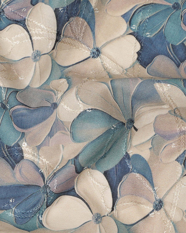 Beige Blue Floral Print Cotton Lawn Fabric 110 Cms Made In India-D27397