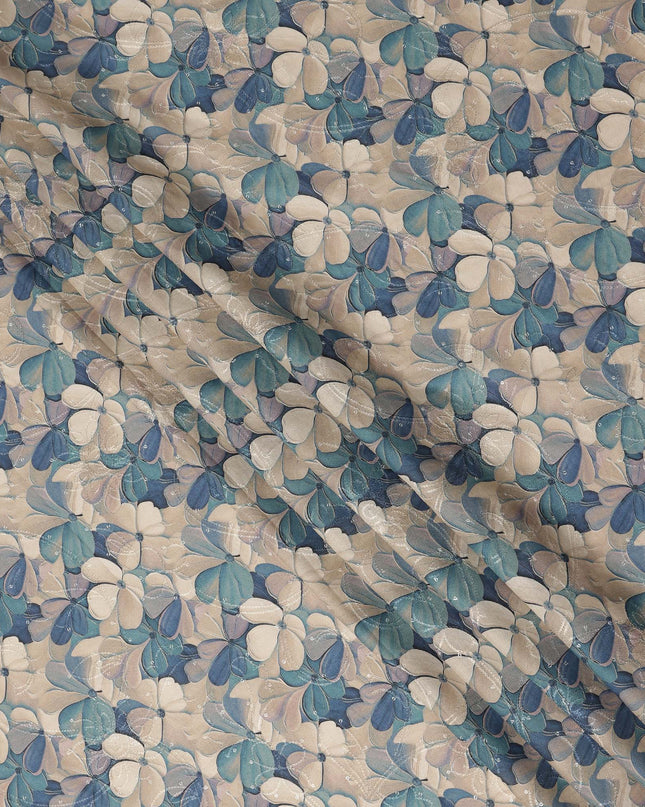 Beige Blue Floral Print Cotton Lawn Fabric 110 Cms Made In India-D27397