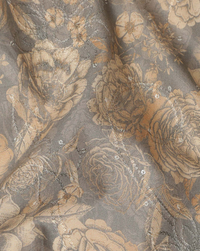 Grey Beige Floral Print Cotton Lawn Fabric 110 Cms Made In India-D27401