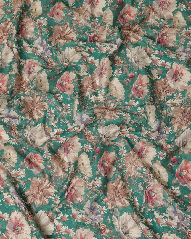Teal Green Floral Printed Cotton Lawn Fabric 110 Cms Made In India-D27407