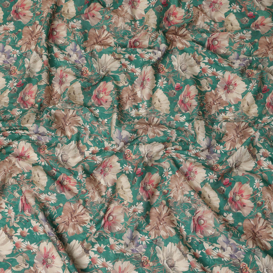 Teal Green Floral Printed Cotton Lawn Fabric 110 Cms Made In India-D27407 Regal Fabrics