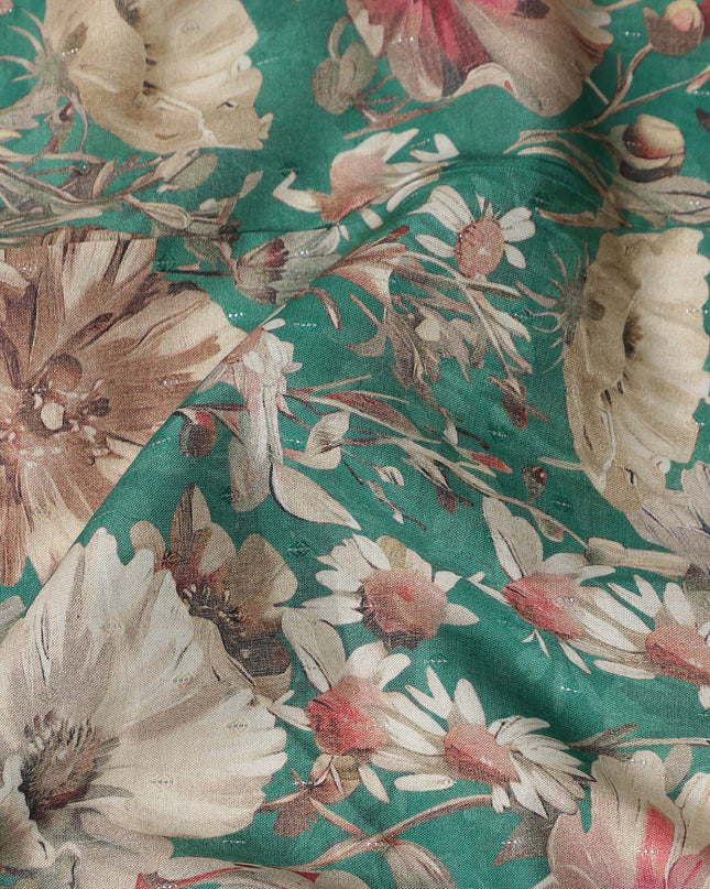 Teal Green Floral Printed Cotton Lawn Fabric 110 Cms Made In India-D27407