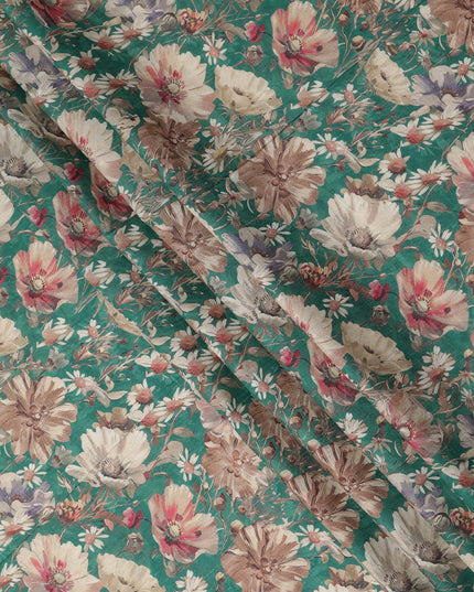 Teal Green Floral Printed Cotton Lawn Fabric 110 Cms Made In India-D27407 Regal Fabrics