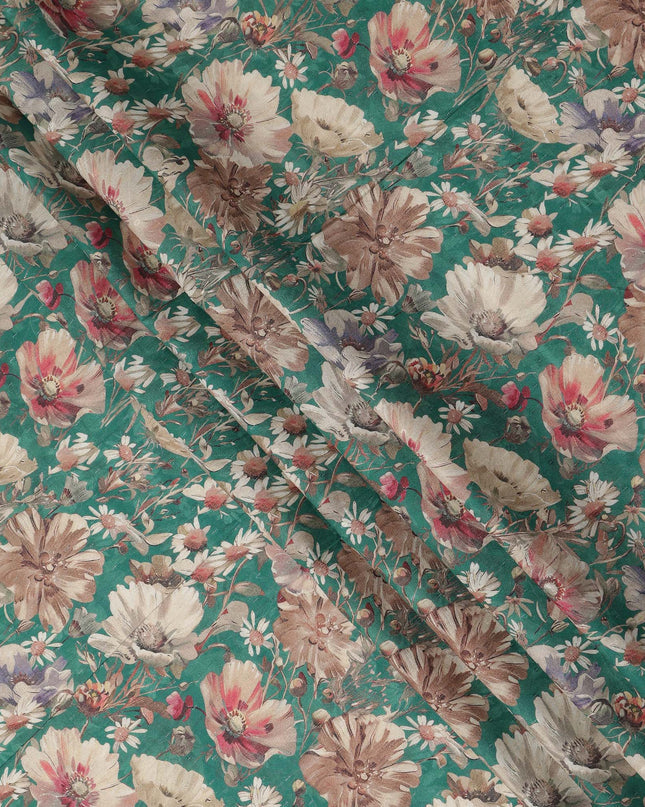 Teal Green Floral Printed Cotton Lawn Fabric 110 Cms Made In India-D27407