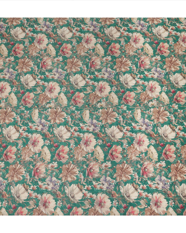 Teal Green Floral Printed Cotton Lawn Fabric 110 Cms Made In India-D27407