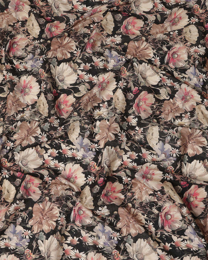 Black Floral Print Cotton Lawn Fabric 110 Cms Made In India-D27404 Regal Fabrics