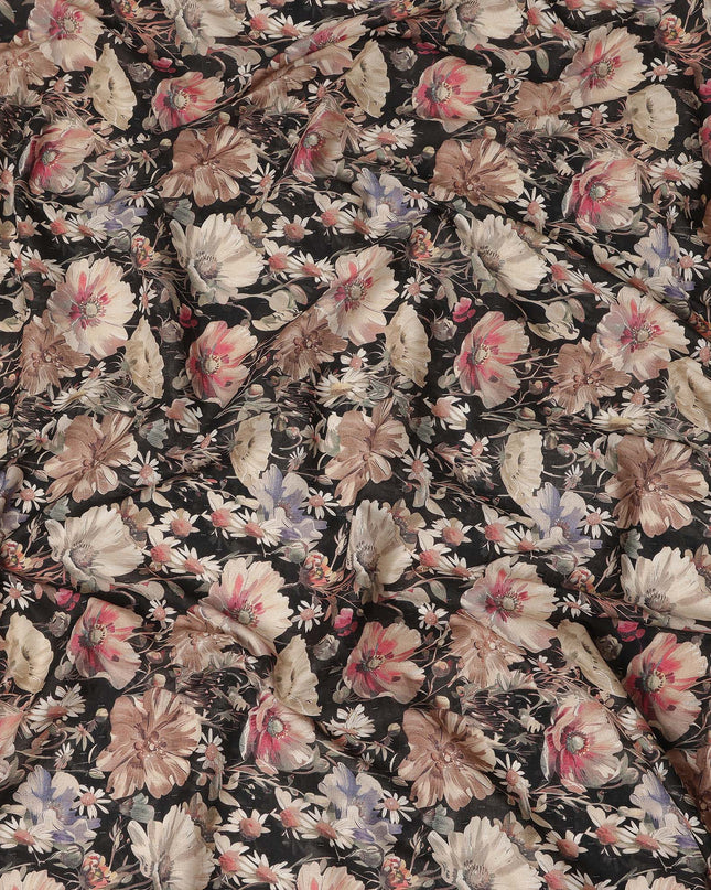 Black Floral Print Cotton Lawn Fabric 110 Cms Made In India-D27404