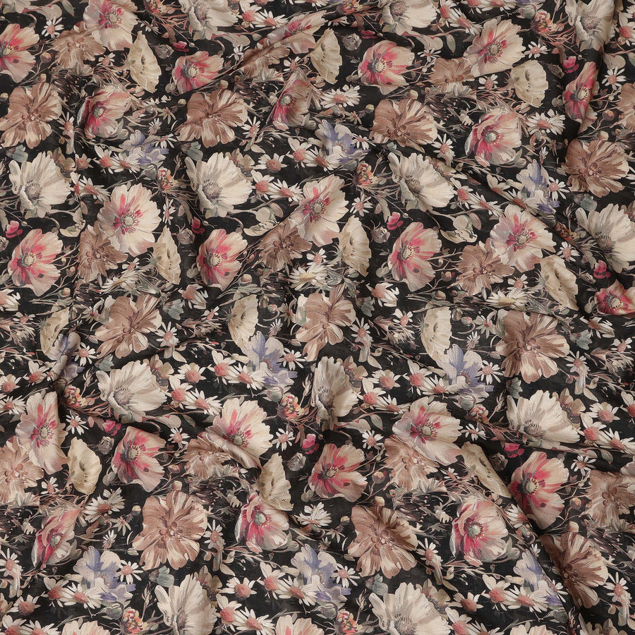 Black Floral Print Cotton Lawn Fabric 110 Cms Made In India-D27404 Regal Fabrics