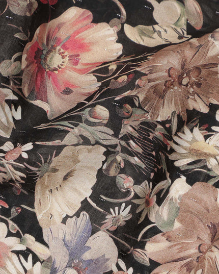 Black Floral Print Cotton Lawn Fabric 110 Cms Made In India-D27404 Regal Fabrics