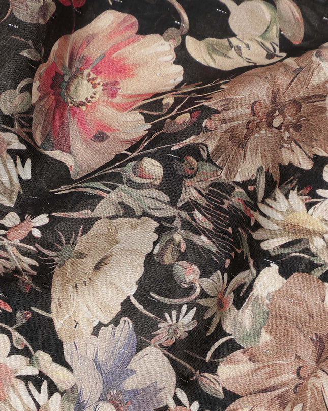 Black Floral Print Cotton Lawn Fabric 110 Cms Made In India-D27404