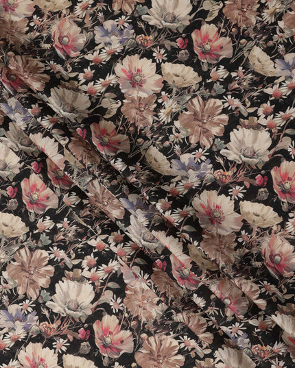 Black Floral Print Cotton Lawn Fabric 110 Cms Made In India-D27404 Regal Fabrics
