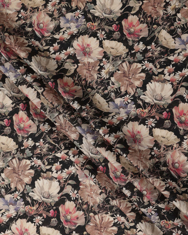 Black Floral Print Cotton Lawn Fabric 110 Cms Made In India-D27404