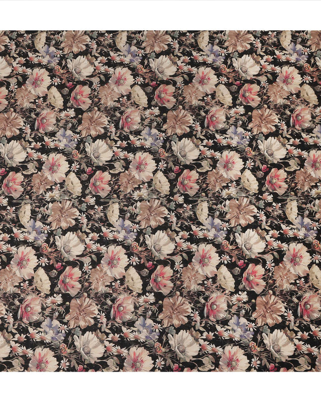 Black Floral Print Cotton Lawn Fabric 110 Cms Made In India-D27404