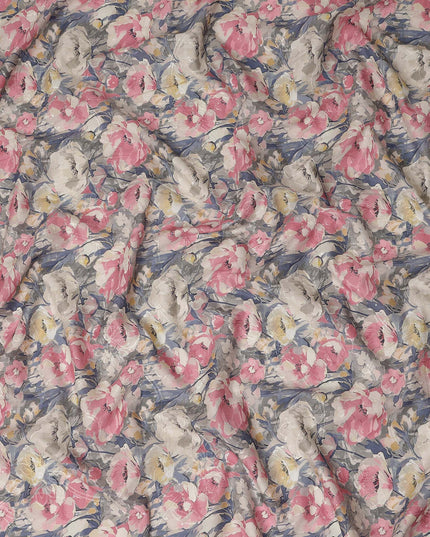 Grey Pink Floral Print Cotton Lawn Fabric 110 Cms Made In India-D27398 Regal Fabrics