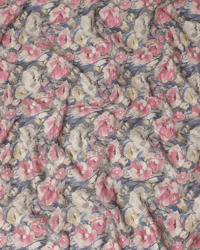 Grey Pink Floral Print Cotton Lawn Fabric 110 Cms Made In India-D27398