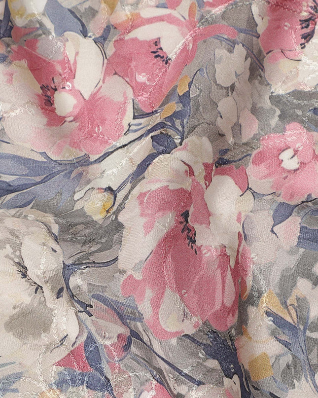 Grey Pink Floral Print Cotton Lawn Fabric 110 Cms Made In India-D27398