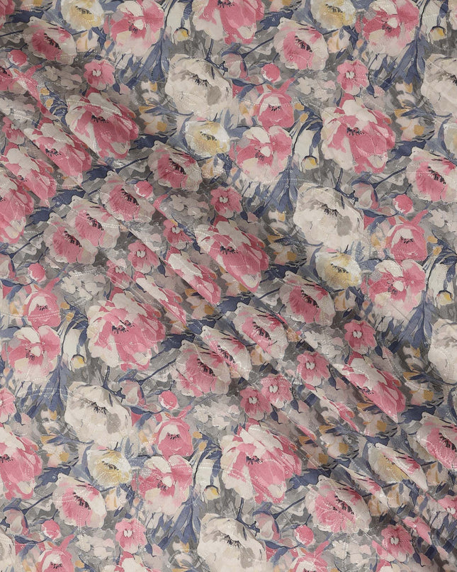 Grey Pink Floral Print Cotton Lawn Fabric 110 Cms Made In India-D27398