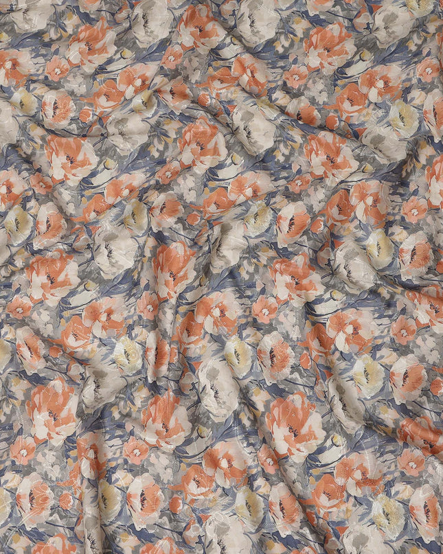 Grey Peach Floral Print Cotton Lawn Fabric 110 Cms Made In India-D27396