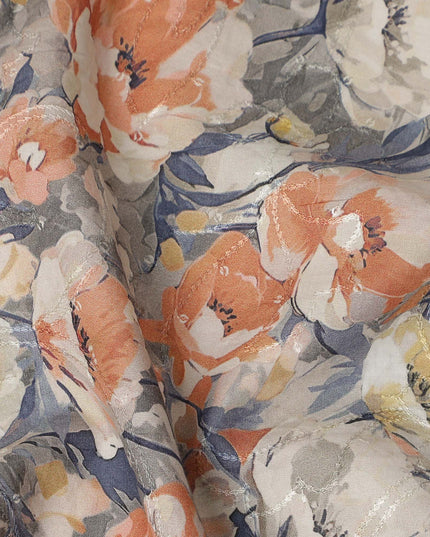 Grey Peach Floral Print Cotton Lawn Fabric 110 Cms Made In India-D27396 Regal Fabrics