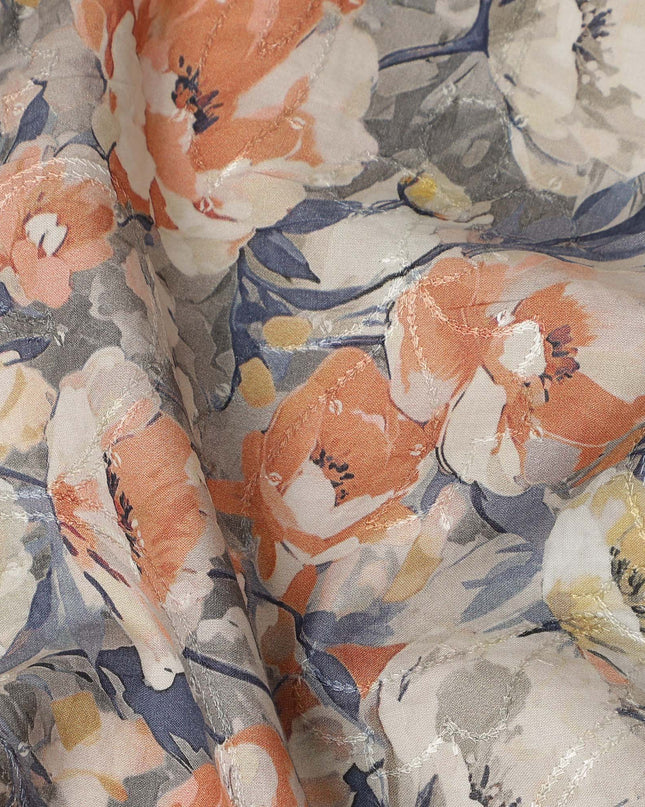Grey Peach Floral Print Cotton Lawn Fabric 110 Cms Made In India-D27396