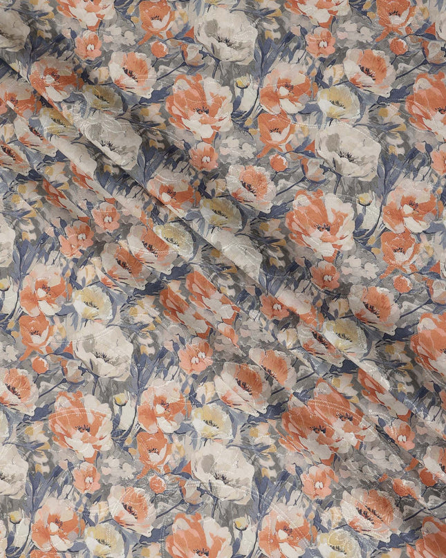 Grey Peach Floral Print Cotton Lawn Fabric 110 Cms Made In India-D27396