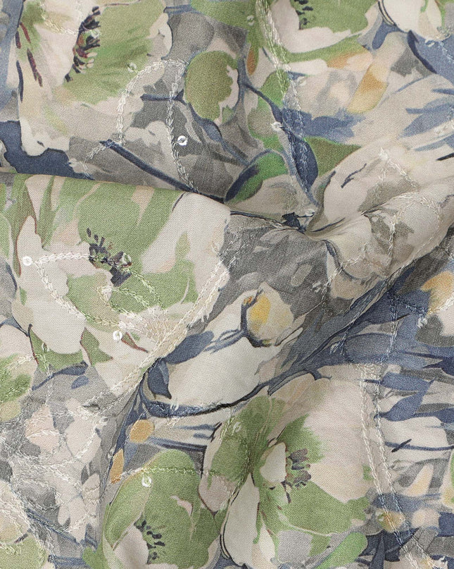 Grey Green Floral Print Cotton Lawn Fabric 110 Cms Made In India-D27402