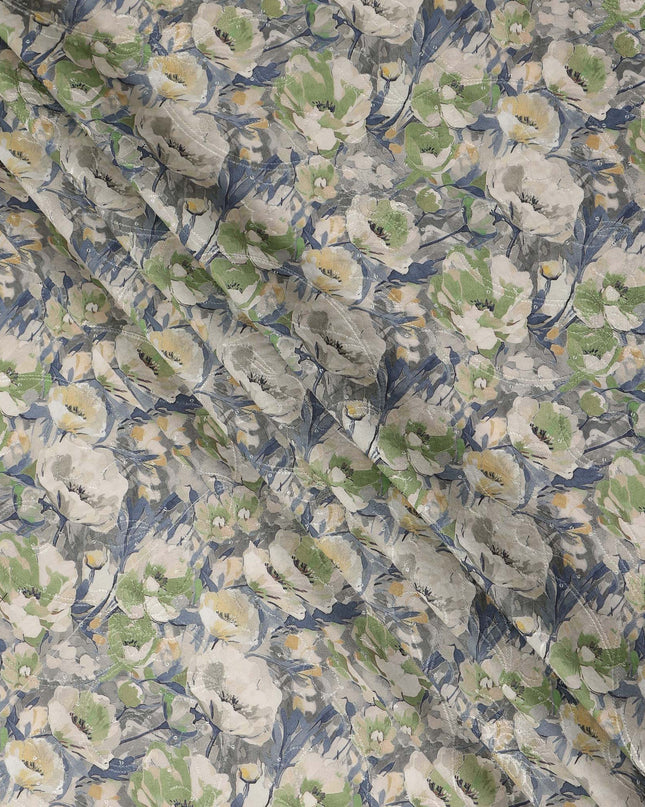 Grey Green Floral Print Cotton Lawn Fabric 110 Cms Made In India-D27402