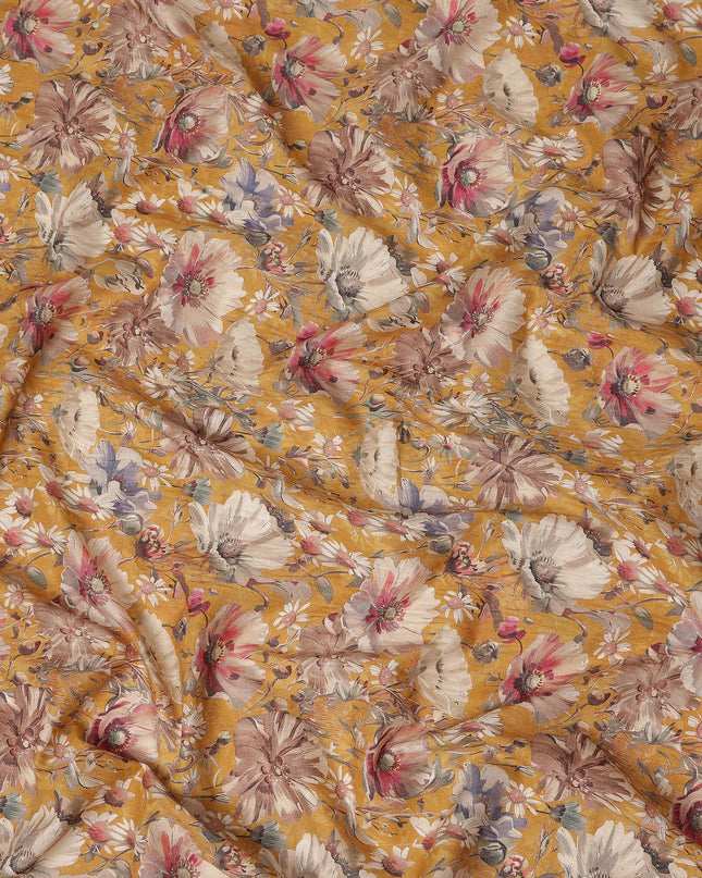 Mustard Yellow Floral Print Cotton Lawn Fabric 110 Cms Made In India-D27403