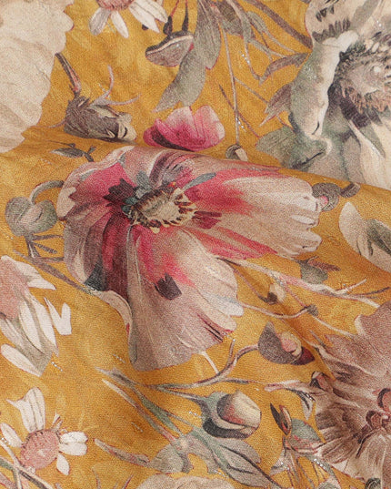 Mustard Yellow Floral Print Cotton Lawn Fabric 110 Cms Made In India-D27403 Regal Fabrics