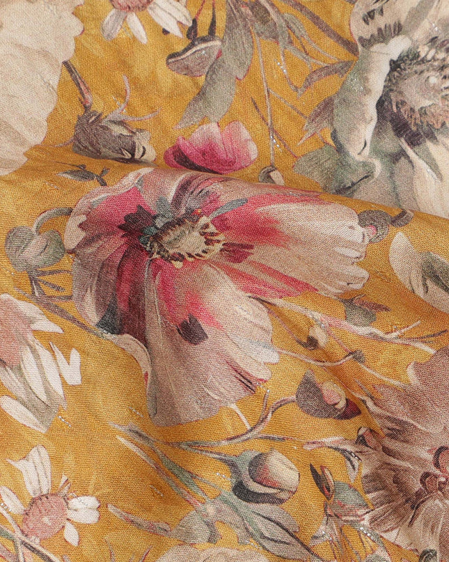 Mustard Yellow Floral Print Cotton Lawn Fabric 110 Cms Made In India-D27403