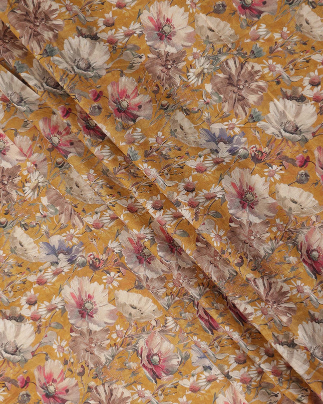 Mustard Yellow Floral Print Cotton Lawn Fabric 110 Cms Made In India-D27403