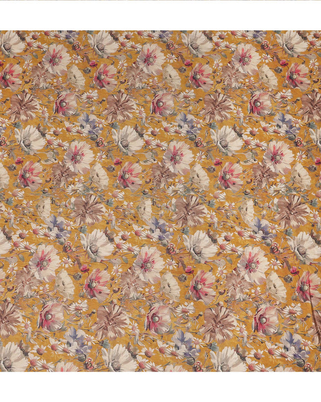 Mustard Yellow Floral Print Cotton Lawn Fabric 110 Cms Made In India-D27403