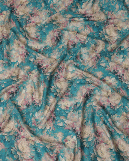 Teal Blue Floral Print Cotton Lawn Fabric 110 Cms Made In India-D27406 Regal Fabrics
