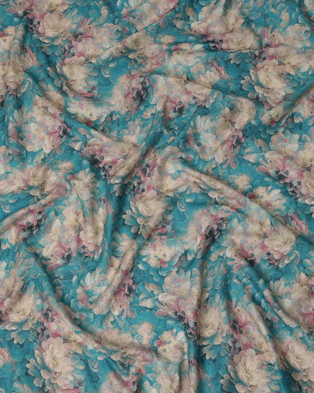Teal Blue Floral Print Cotton Lawn Fabric 110 Cms Made In India-D27406