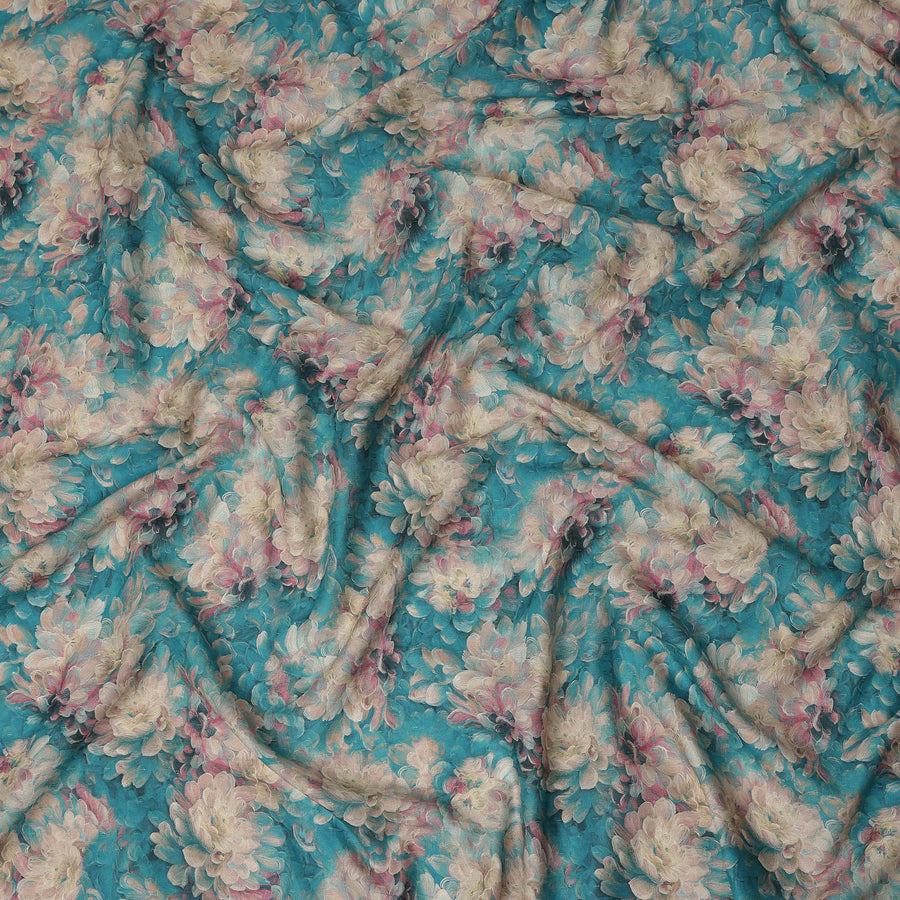 Teal Blue Floral Print Cotton Lawn Fabric 110 Cms Made In India-D27406 Regal Fabrics