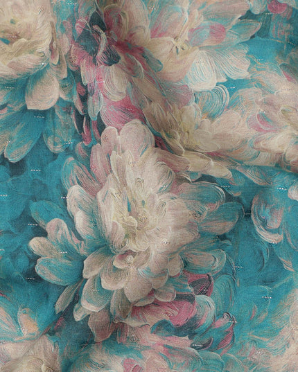 Teal Blue Floral Print Cotton Lawn Fabric 110 Cms Made In India-D27406 Regal Fabrics