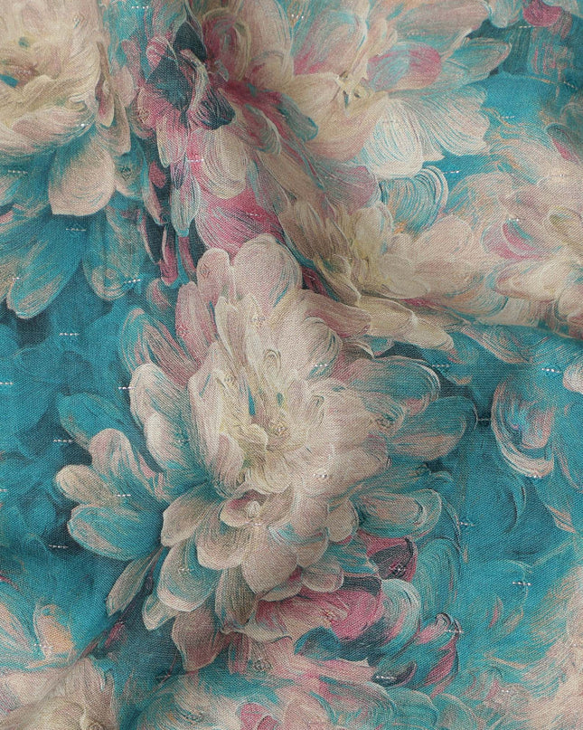 Teal Blue Floral Print Cotton Lawn Fabric 110 Cms Made In India-D27406