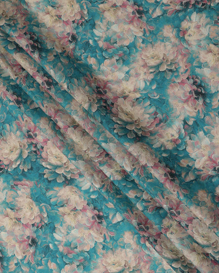 Teal Blue Floral Print Cotton Lawn Fabric 110 Cms Made In India-D27406 Regal Fabrics