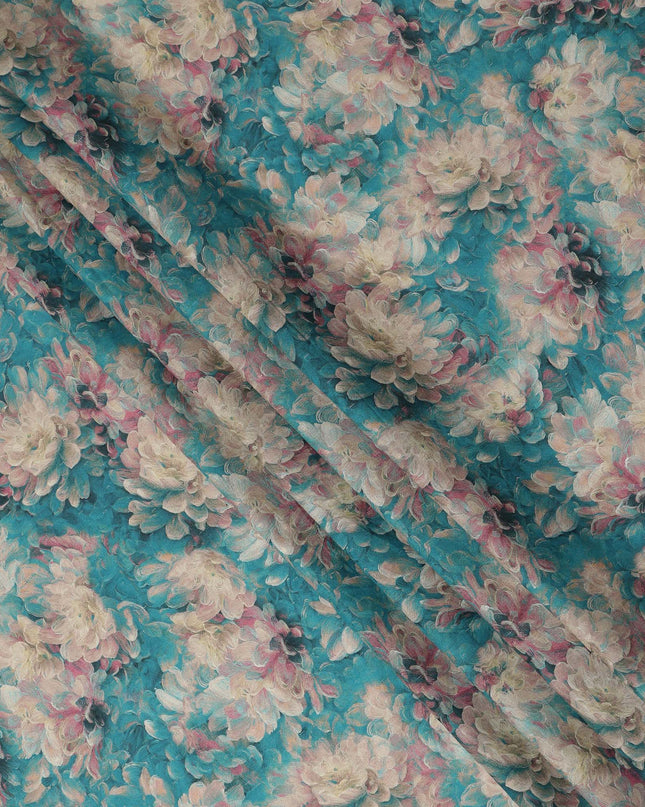 Teal Blue Floral Print Cotton Lawn Fabric 110 Cms Made In India-D27406