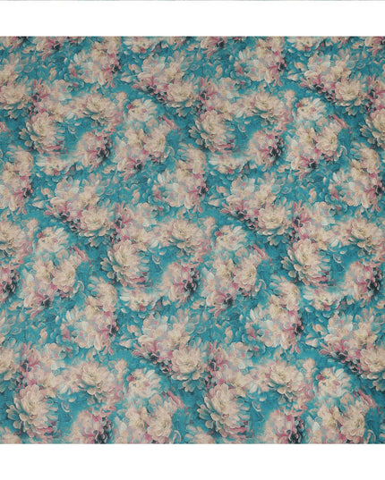 Teal Blue Floral Print Cotton Lawn Fabric 110 Cms Made In India-D27406 Regal Fabrics