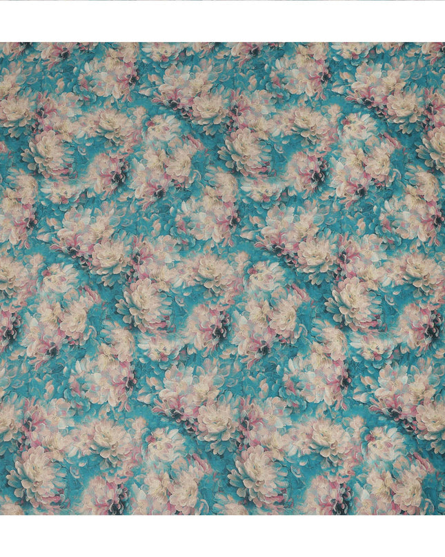 Teal Blue Floral Print Cotton Lawn Fabric 110 Cms Made In India-D27406