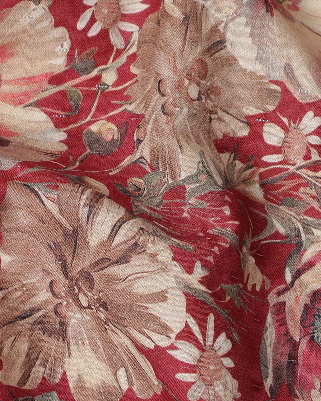 Red Floral Print Cotton Lawn Fabric 110 Cms Made In India-D27405